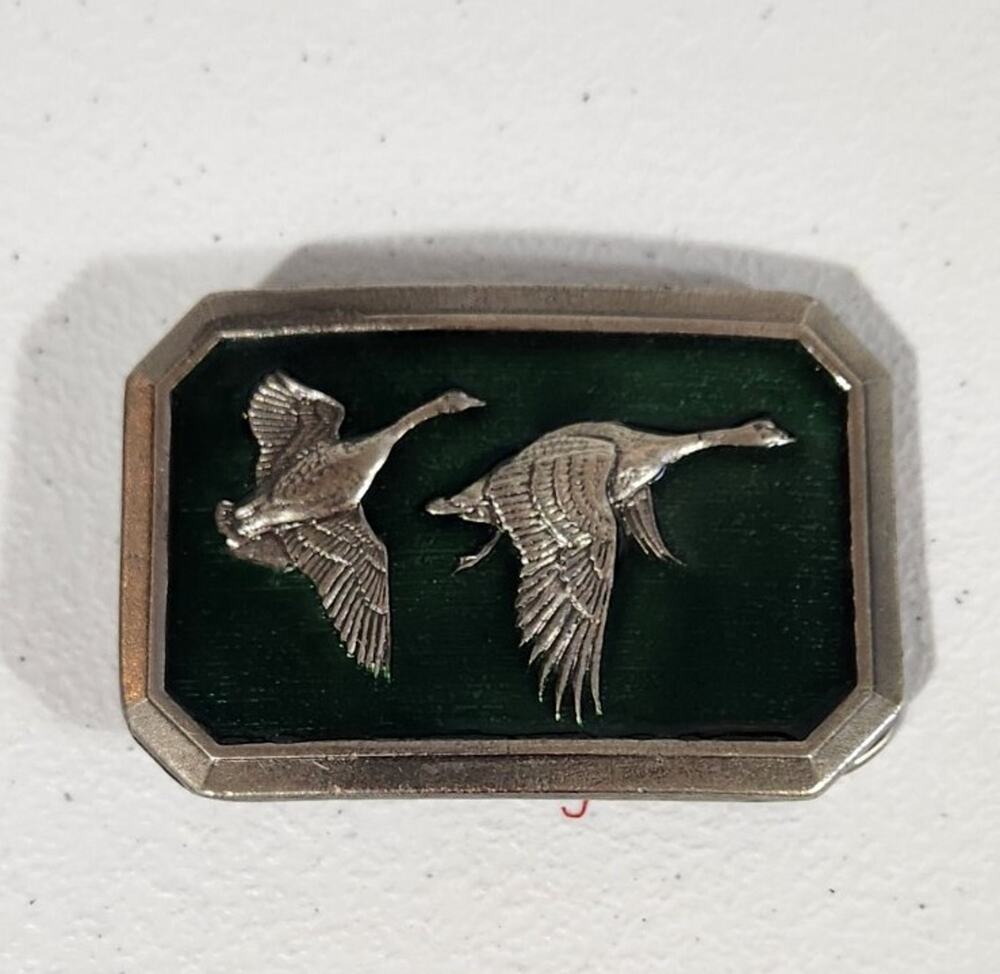 Vintage Great American Buckle Co. Flying Geese Belt Buckle 1976 Green Hunting
